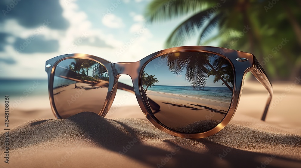 Aufkleber stylish sunglasses reflecting a tropical beach with palm trees and a serene ocean view : generative 