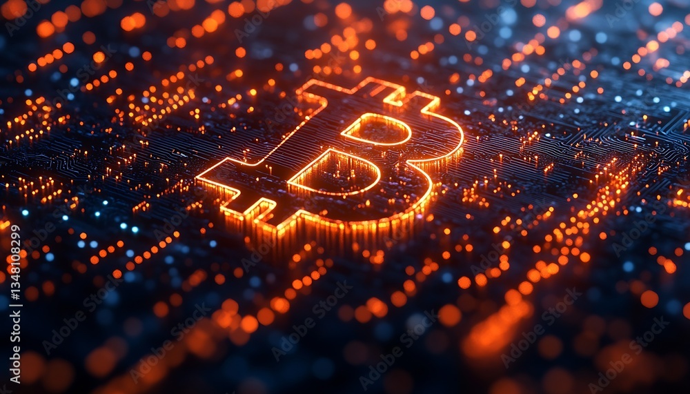 Aufkleber Dynamic Bitcoin Symbol Illuminated with Glowing Orange Light on a Dark Tech Background : Generative AI