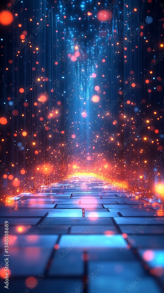 Poster magical pathway of lights and glowing particles illustrating an immersive digital space and creativi