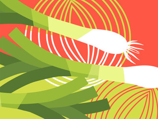 Abstract vegetable design in flat cut out style. Leeks or green onions and cross sections. Modern minimalist vector illustration.
