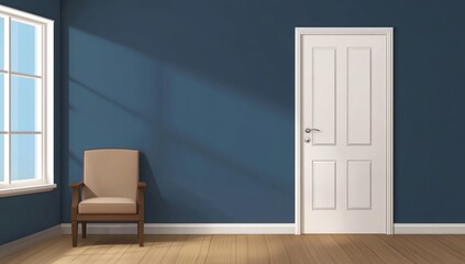 A blue walled room with a chair and a white door