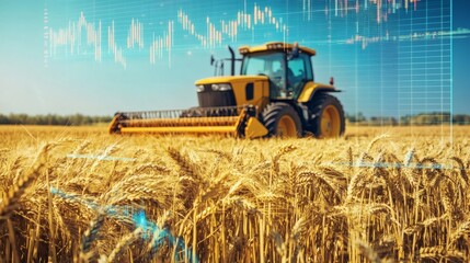 Fototapeta premium Yellow Tractor Harvesting Golden Wheat Field with Stock Market Data Overlay