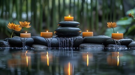 Zen garden scene with candles and smooth stones highlighting tranquility and relaxation in nature : Generative AI