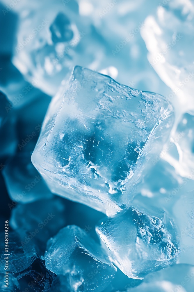 Aufkleber detailed close up of ice cubes reflecting blue light in a cool setting : generative ai
