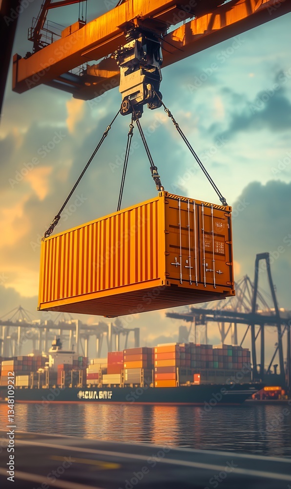 Poster heavy orange shipping container being loaded at a busy port during sunset with cranes : generative a