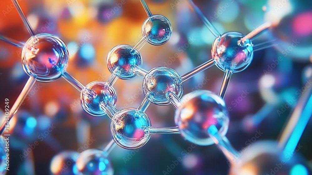 Poster Elegant close up of colorful molecular structure with glowing spheres and vivid backdrop highlighting scientific concepts : Generative AI