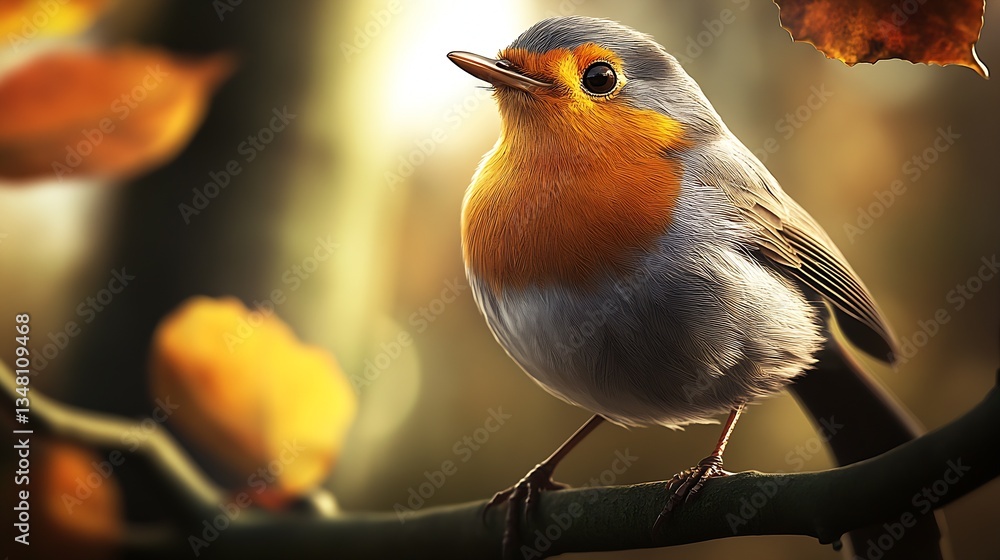 Poster colorful robin perched on a branch surrounded by autumn foliage in a serene natural setting : genera