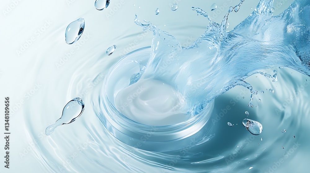 Poster creamy moisturizer splash creating a refreshing effect in clear water emphasizing skincare benefits 