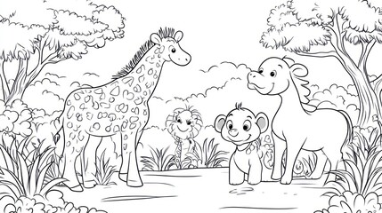 Fototapeta premium Animals' Meeting in a Clearing. Color illustration, story for kids, coloring book