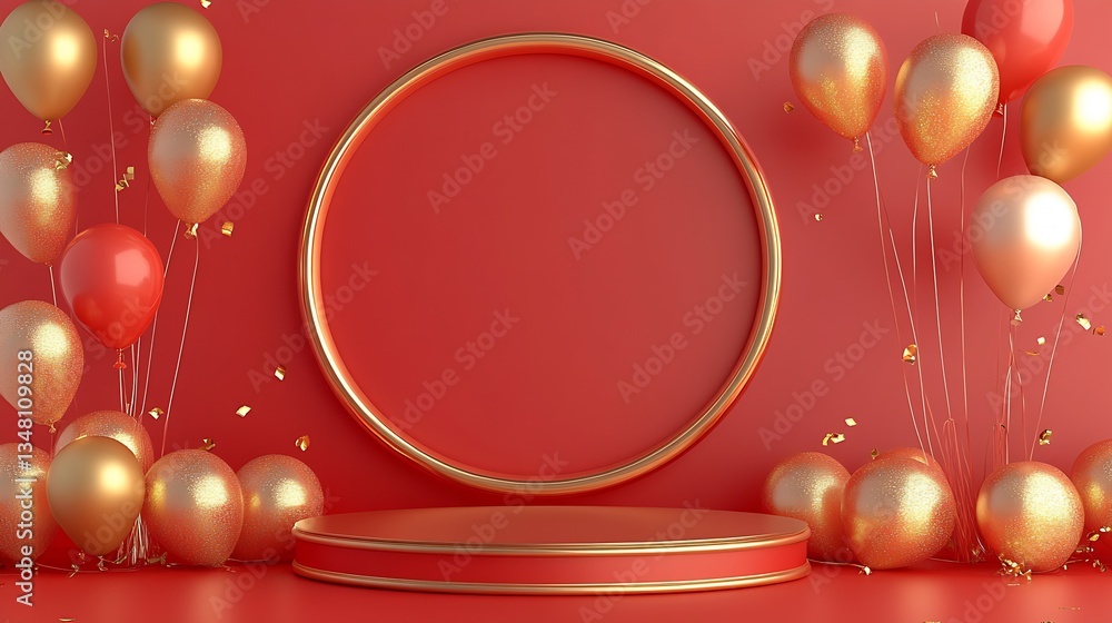 Poster bright festive background with golden balloons and circular display stage for celebrations and event