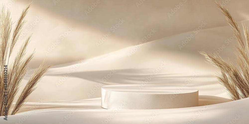 Aufkleber serene abstract background featuring a round pedestal surrounded by natural grasses in soft beige to