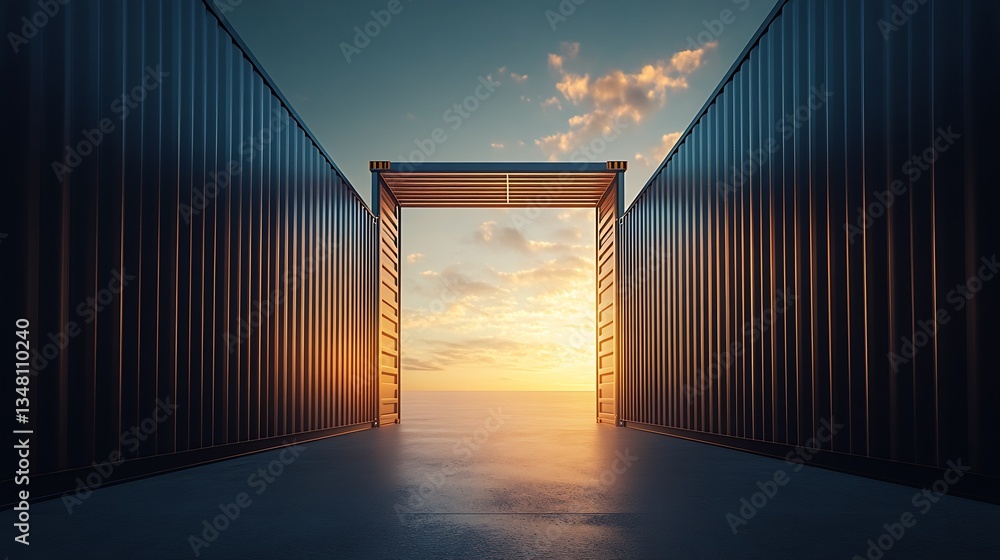Poster serene sunset view through shipping containers opening creating dramatic skyline at dusk : generativ