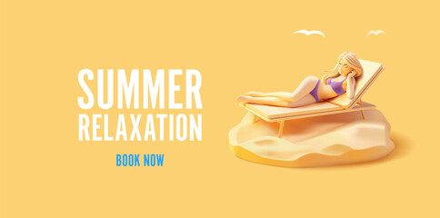 Modern banner for booking and discounts for summer vacation and relaxation. 3D character of a girl sunbathing on the beach. Vector illustration.
