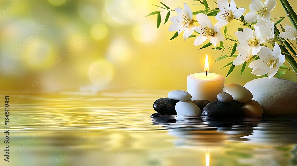 Poster tranquil scene of smooth stones and fragrant flowers with a lit candle reflecting in serene water : 
