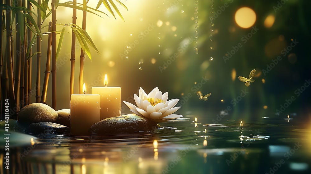 Poster serene water scene featuring floating candles and lotus flowers surrounded by lush greenery and soft