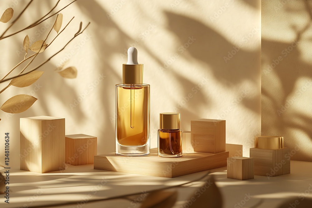 Aufkleber luxurious amber essential oils in elegant glass bottles set against a soft neutral backdrop : genera