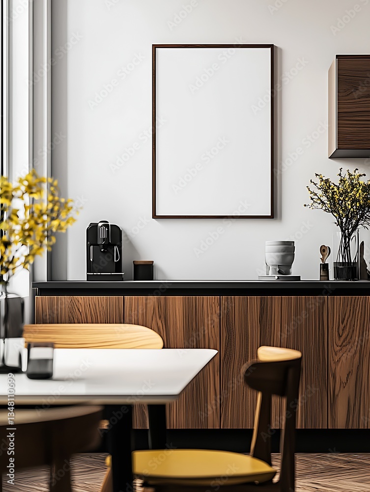 Poster modern kitchen interior showcasing an empty frame on the wall with stylish decor and a touch of gree