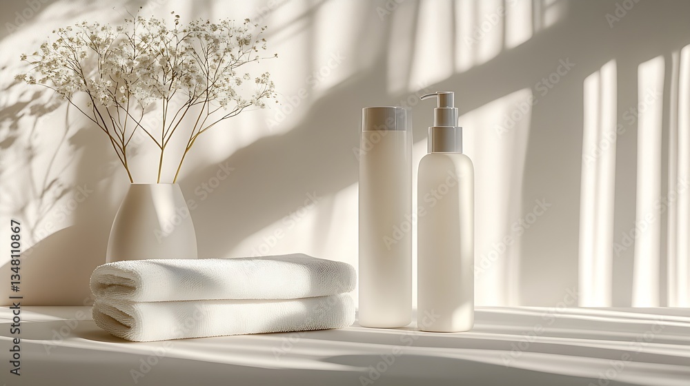 Poster minimalist scene featuring elegant skincare products with soft towels and delicate flowers in natura