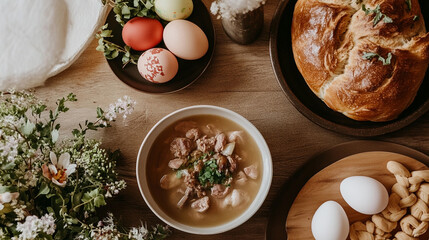Traditional greek easter feast with koulourakia, tsoureki, and magiritsa soup