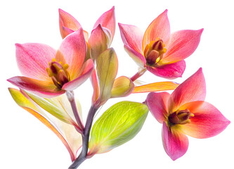 Fototapeta premium Closeup Bright Pink And Orange Flowers With Green Leaves