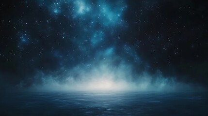 Obraz premium Mysterious night sky with sparkling stars above a serene, reflective ocean surface.