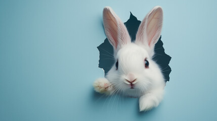 Obraz premium 青い壁から顔を出すウサギの可愛らしい表情