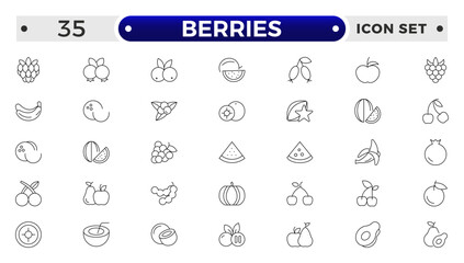 Berry and berries elements minimal thin line web icon set. Berries collection of vector Strawberry, cherry, raspberry and blueberry outline icon set.