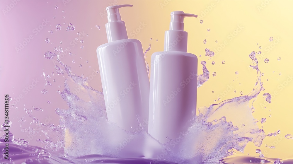 Poster stylish bottles of lotion splashing in water with purple and yellow background for skincare products