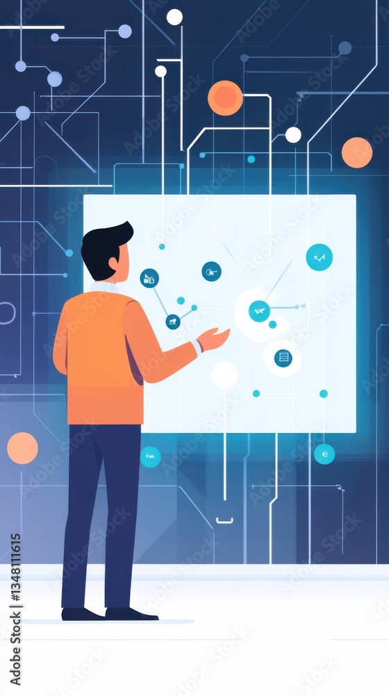 Poster person analyzing data on a digital screen surrounded by circuits