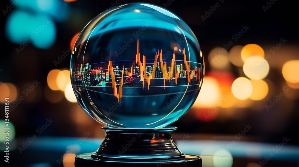Aufkleber crystal ball capturing financial stock market data with a vibrant city background and blurred lights