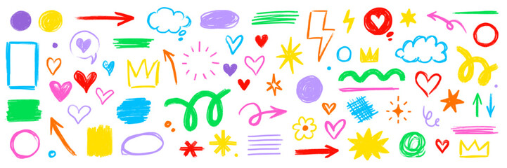 Pencil brush shape line element set. Hand drawn sketch doodle crayon kid chalk texture color element arrow,.heart, crown shape. Chalk pencil brush texture background. Vector illustration