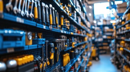Organized hardware tools on store shelves.