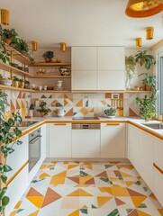 Colorful, modern kitchen design with pops of yellow and terracotta.  Plants, light wood shelving, and geometric patterned tiles create a vibrant, eclectic space