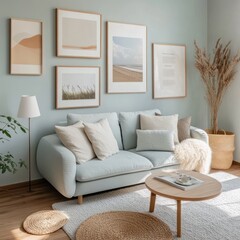 Light and airy living room with art gallery wall and cozy sofa
