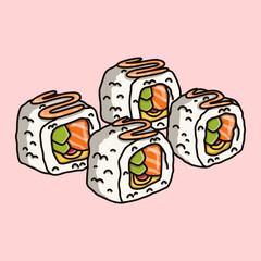 Delicious uramaki sushi with mayonnaise on top