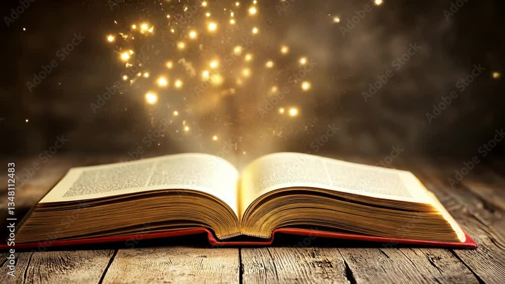 Poster open book radiating magic and inspiration in a dimly lit setting with sparkling lights and wooden ta