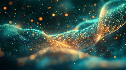 Detailed DNA helix glowing in vibrant blues and greens with shimmering gold antioxidant particles symbolizing cellular renewal  
