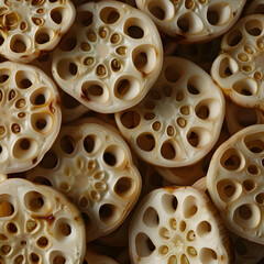 Fototapeta premium Sliced Lotus Root with a Natural Porous Structure and Unique Design