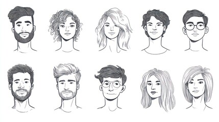 Diverse sketched faces, hairstyles, expressions; website avatar options