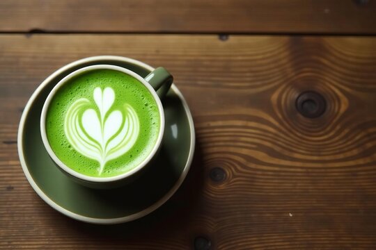 Flat lay of green matcha latte with almond milk in ceramic cup on wooden table, vegan, matcha latte, green tea