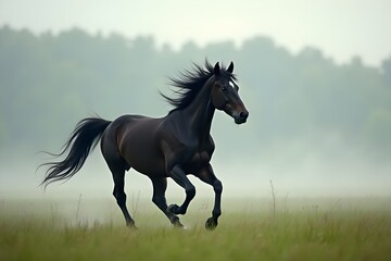 Obraz premium Majestic Black Stallion Galloping Gracefully Through a Misty Meadow