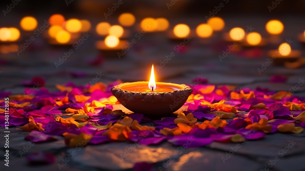 Poster enchanting oil lamp glowing softly amidst vibrant flower petals creating a peaceful evening atmosphe