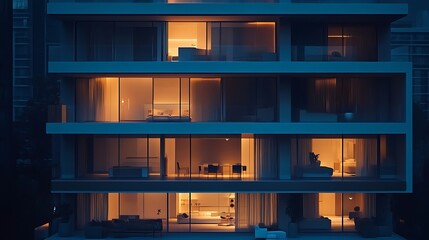 Night View of Modern Apartment Building with Illuminated Interiors