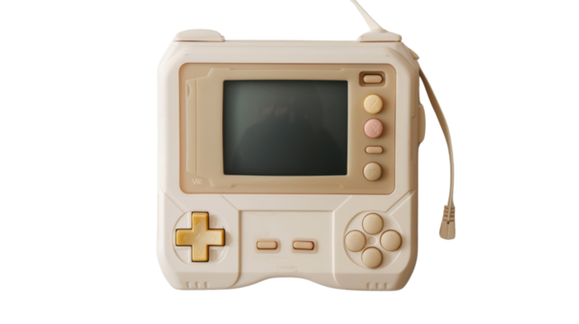 Retro handheld gaming console with transparent background
