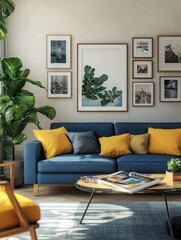Naklejka premium Modern living room with gallery wall and pops of color. A cozy space featuring a blue sofa, mustard yellow accents, and a variety of framed art pieces