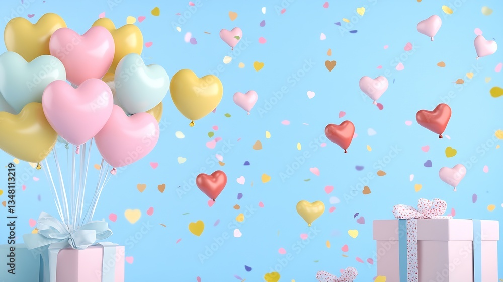 Poster colorful balloons in heart shapes floating against a pastel blue background creating a festive atmos