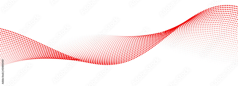 Poster Red dotted wave line pattern. Red halftone undulate net background. Abstract flowing particle wallpaper. Vector curved dashed gradient element for poser, banner, presentation, booklet, flyer, brochure
