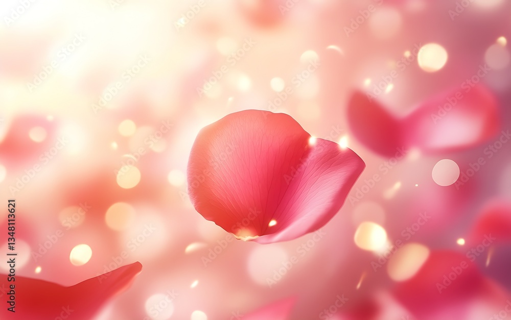 Poster beautiful rose petal floating in dreamy light with a soft pink background for romantic themes : gene