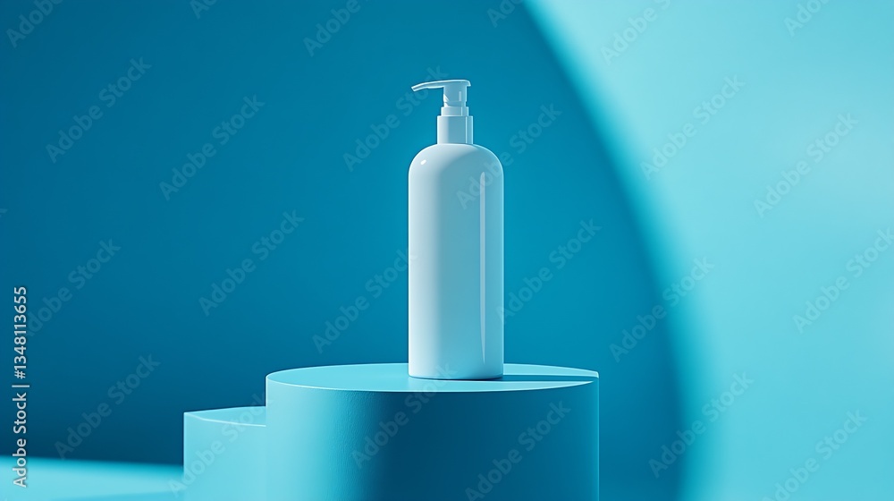 Aufkleber Minimalist image of a sleek modern bottle on a solid geometric structure against a striking blue background : Generative AI
