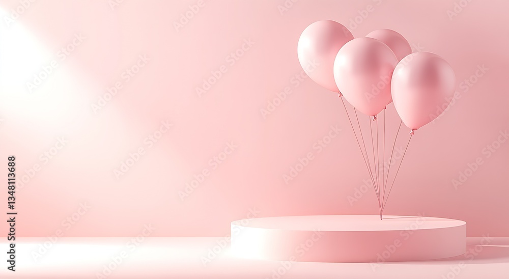 Poster Five elegant pink balloons floating above a minimalistic podium in soft light : Generative AI